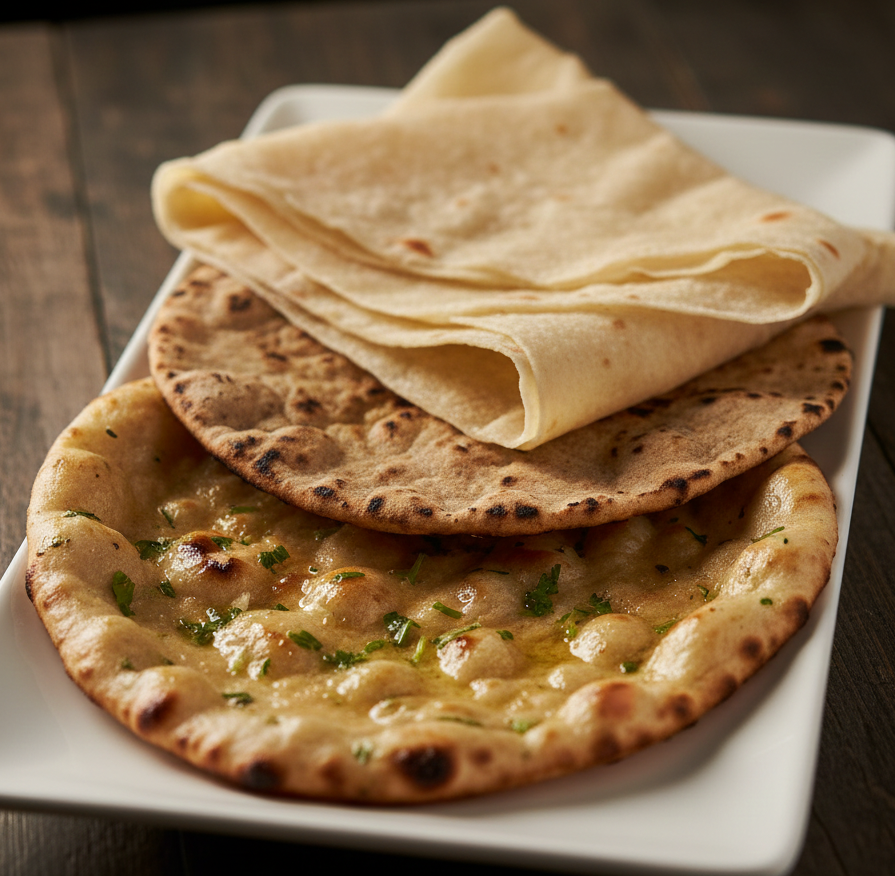 Fresh Tandoori Naan, Rumali Roti, and Laccha Paratha at Desi Chaap Di Hatti